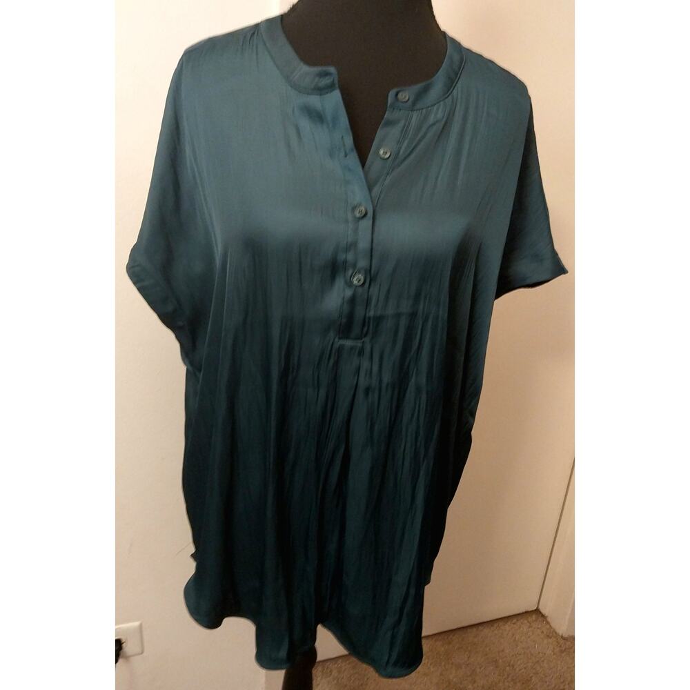Old Navy Lg Tall Teal Satin Blouse Short Sleeve Henley Button Front Tunic Top